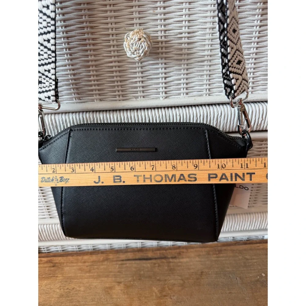 Aldo Black Saffiano Crossbody Bag with Woven Geometric Guitar Strap NEW